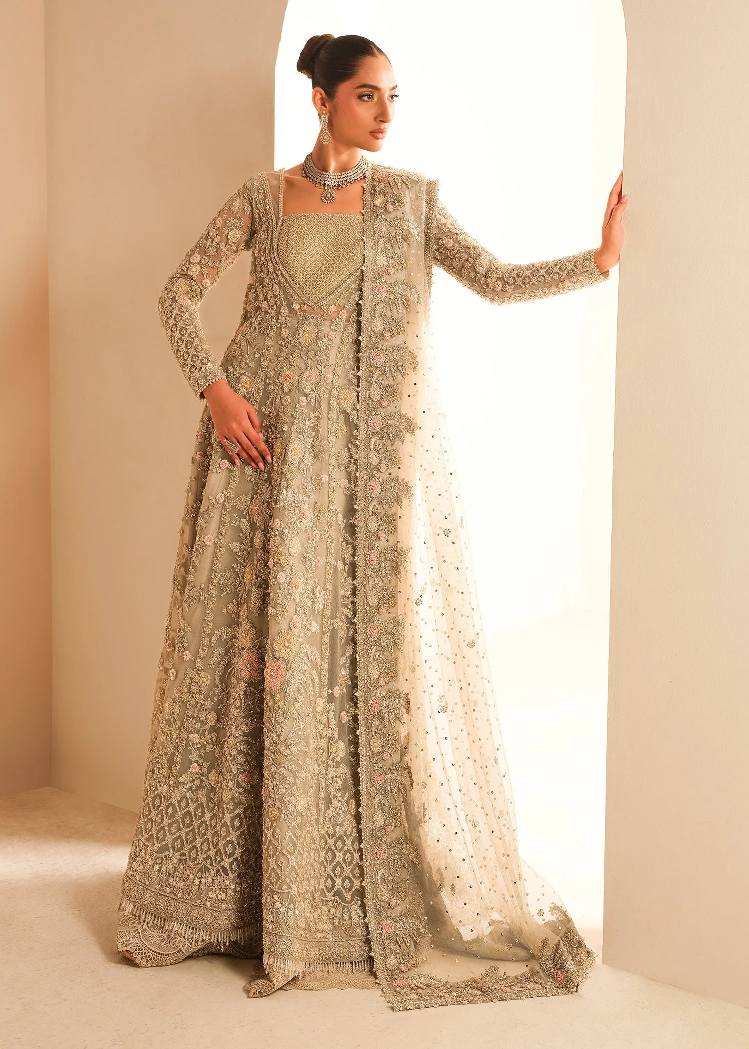 Gown Lehenga Style Silver Grey Pakistani Bridal Dress