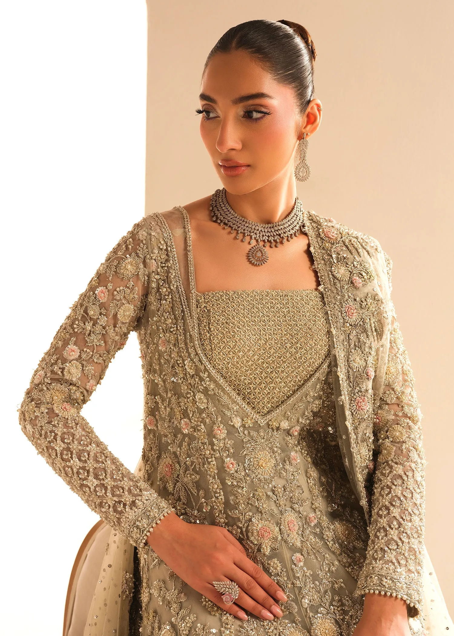 Gown Lehenga Style Silver Grey Pakistani Bridal Dress
