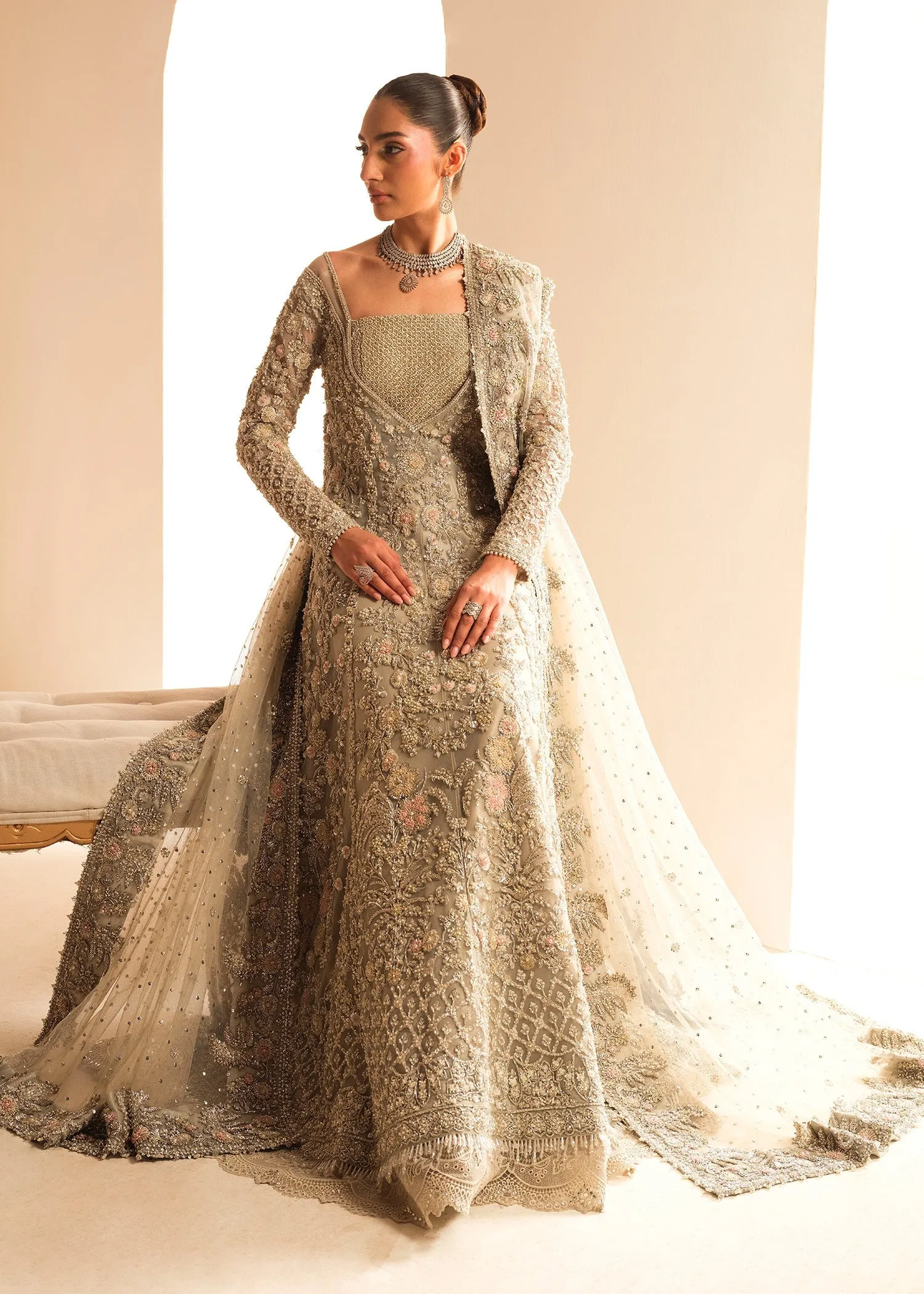 Gown Lehenga Style Silver Grey Pakistani Bridal Dress