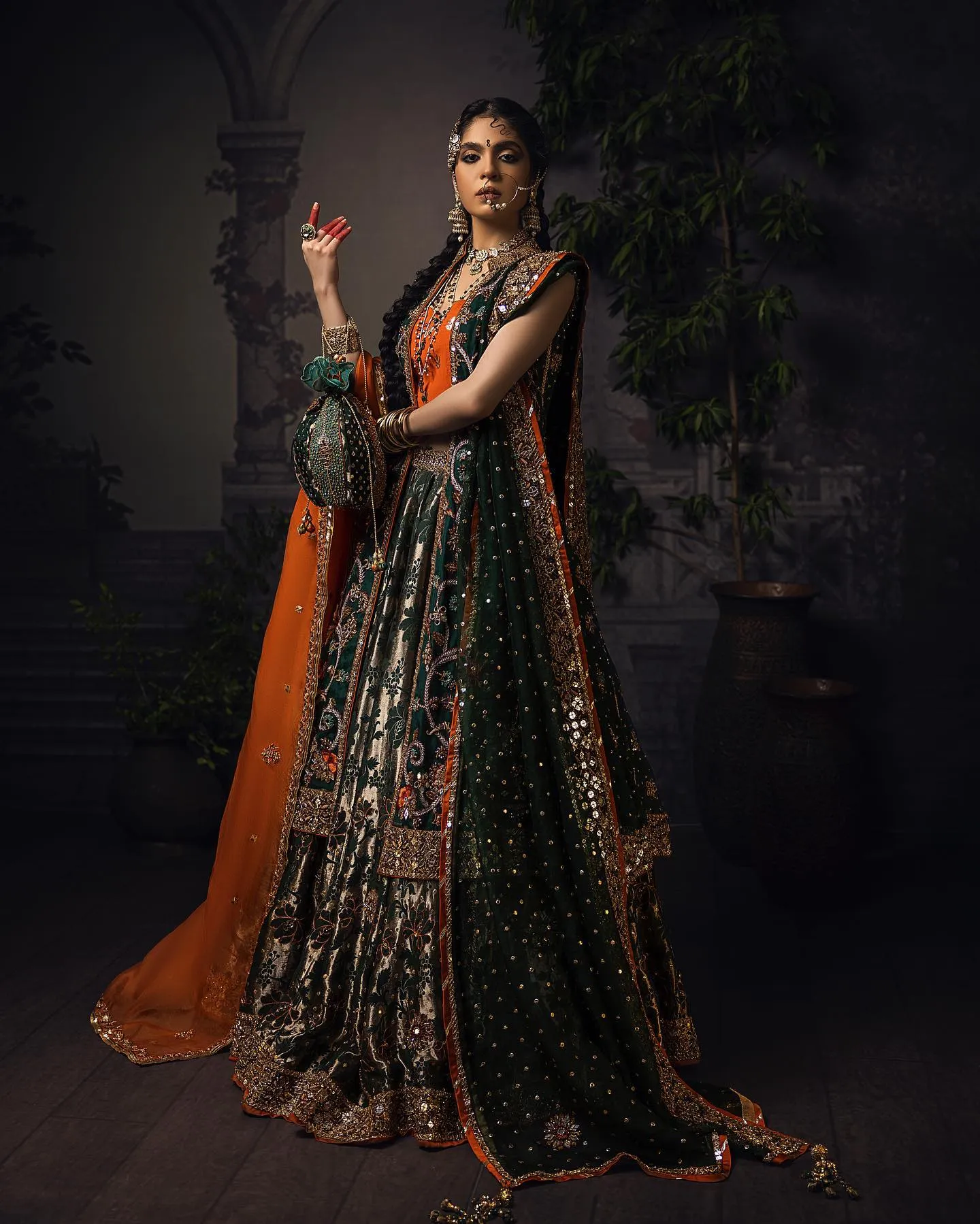Green Lehenga with Choli and Open Gown Bridal Dress