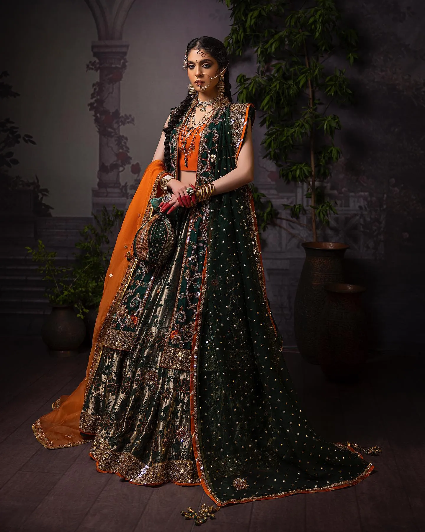 Green Lehenga with Choli and Open Gown Bridal Dress