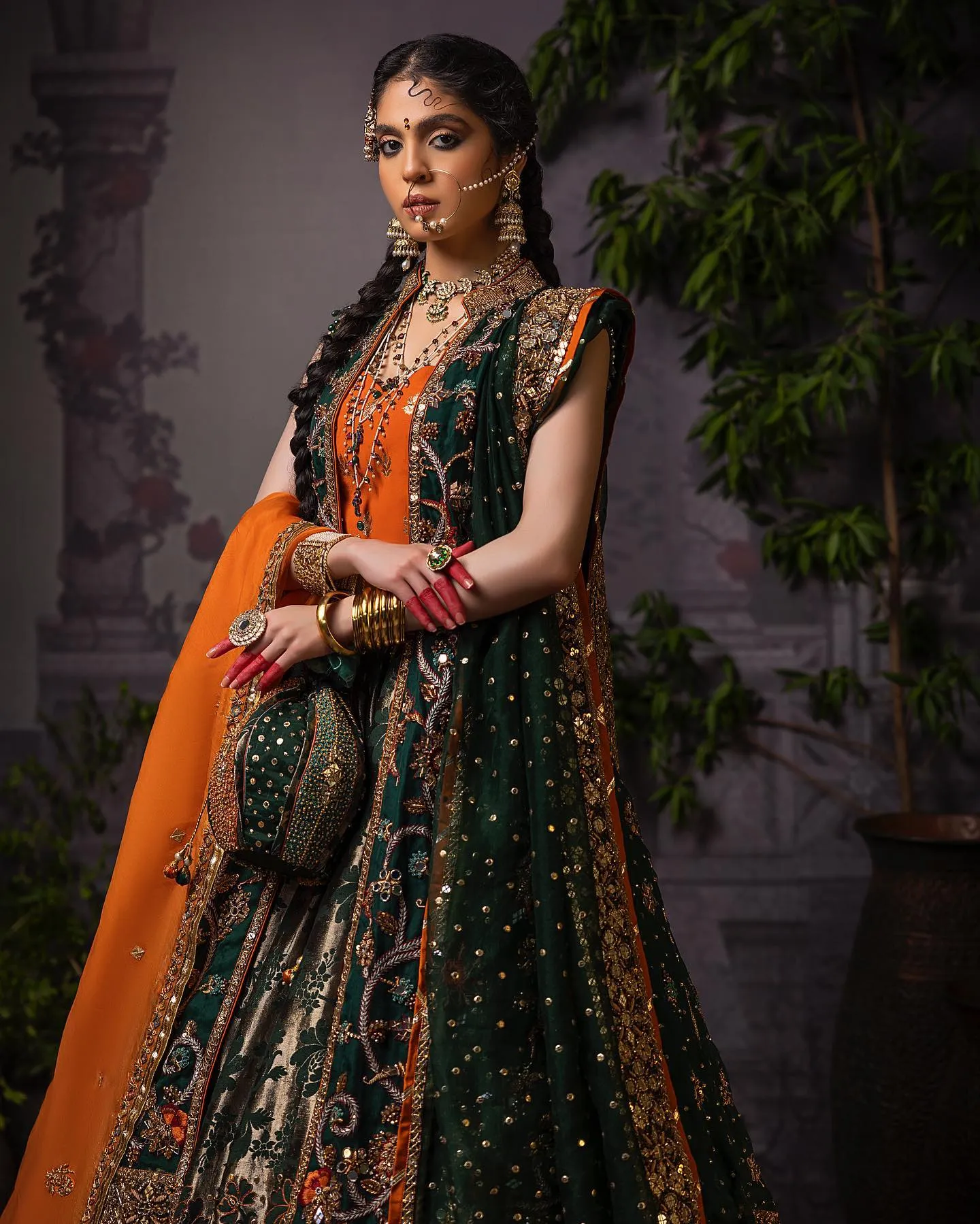 Green Lehenga with Choli and Open Gown Bridal Dress