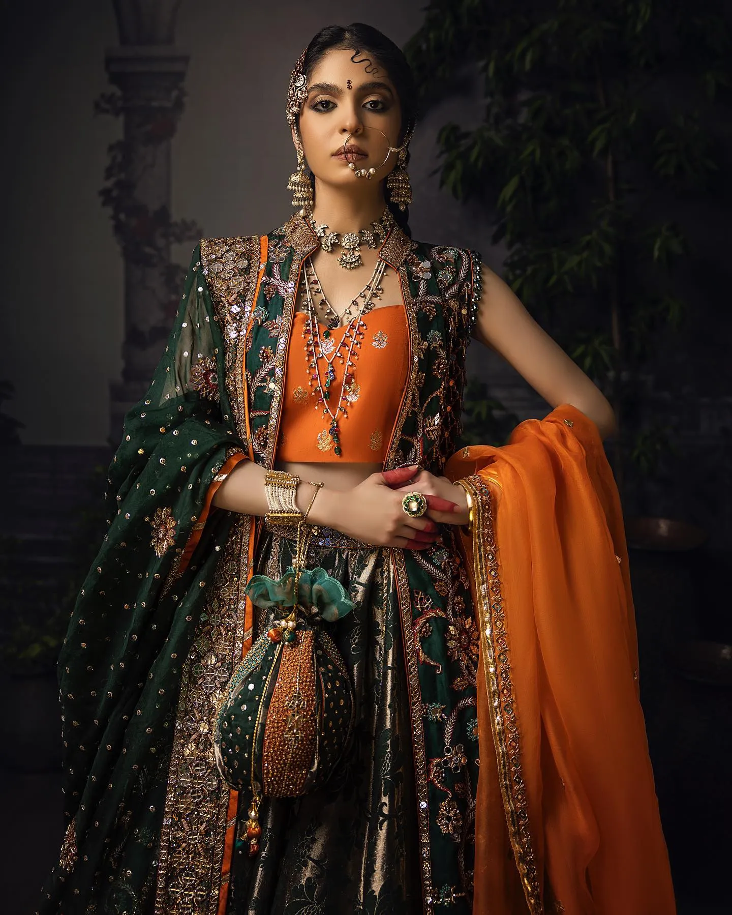 Green Lehenga with Choli and Open Gown Bridal Dress