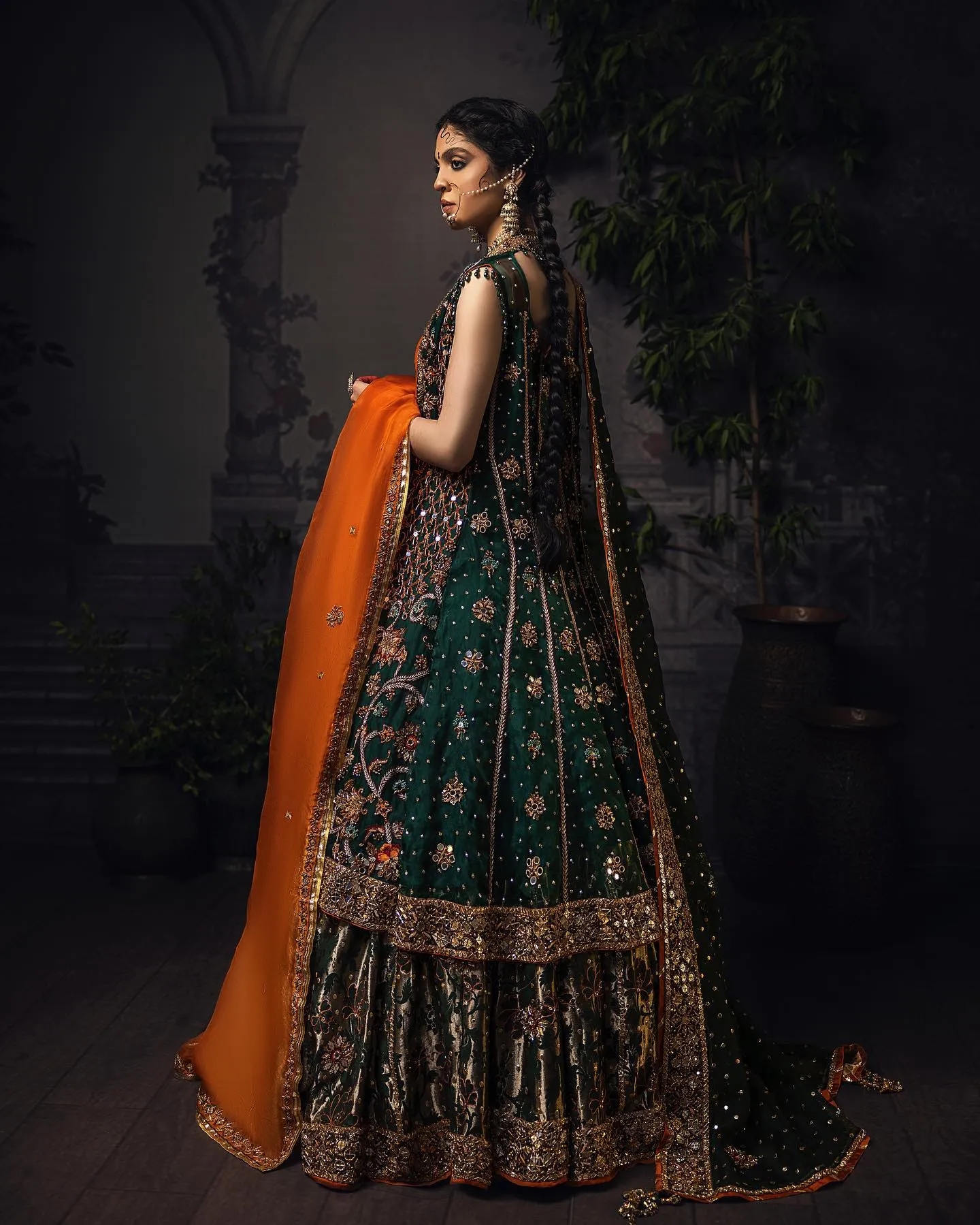 Green Lehenga with Choli and Open Gown Bridal Dress
