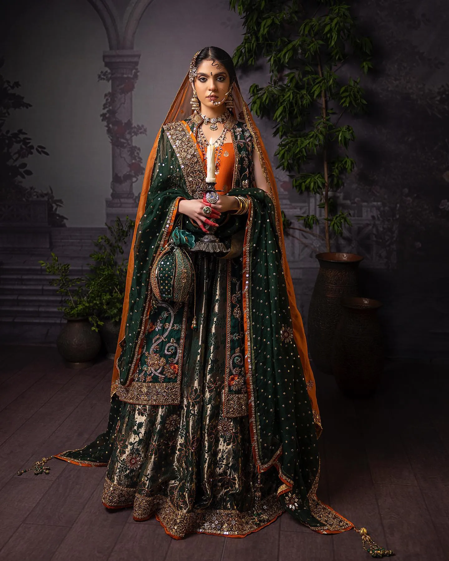 Green Lehenga with Choli and Open Gown Bridal Dress