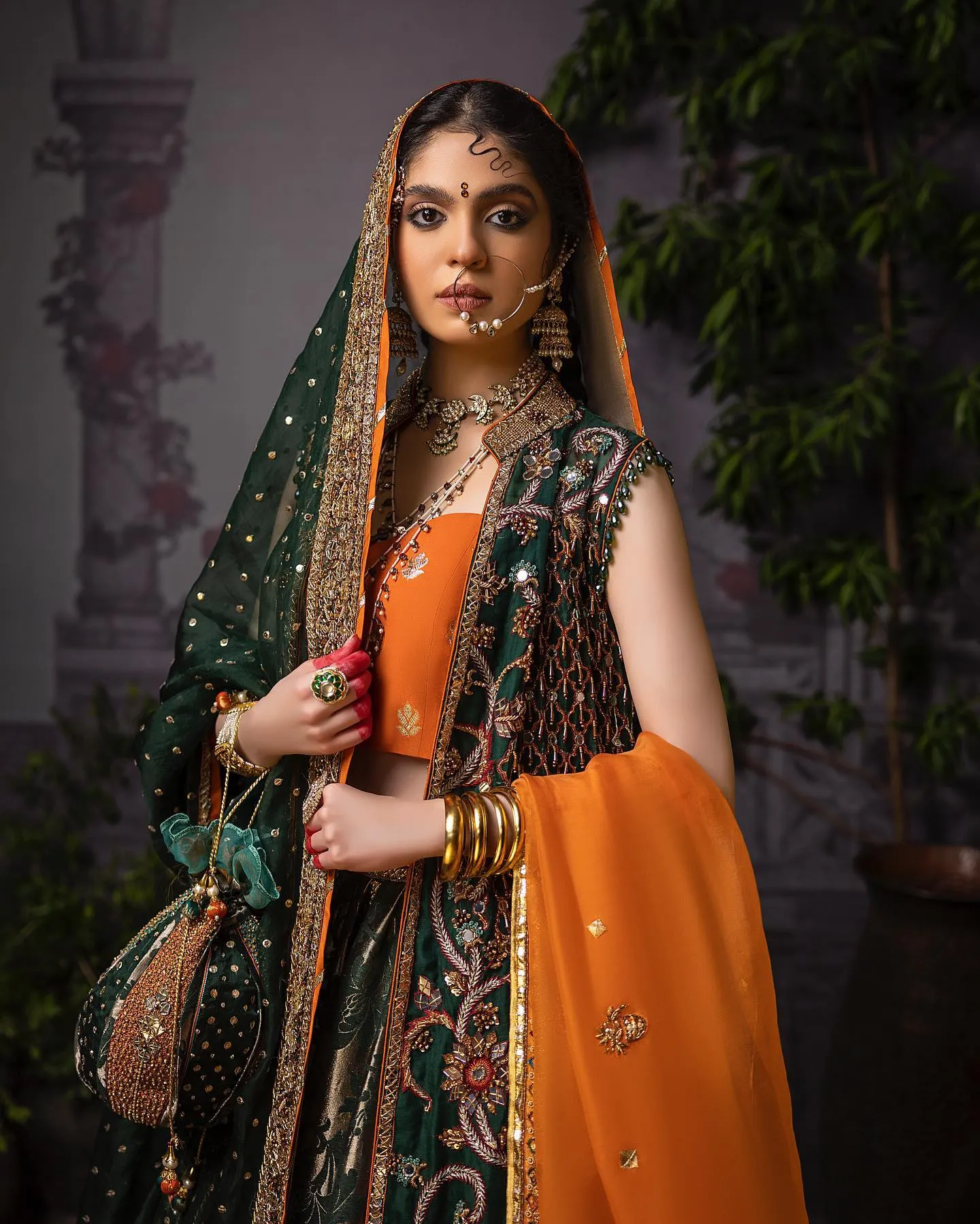 Green Lehenga with Choli and Open Gown Bridal Dress