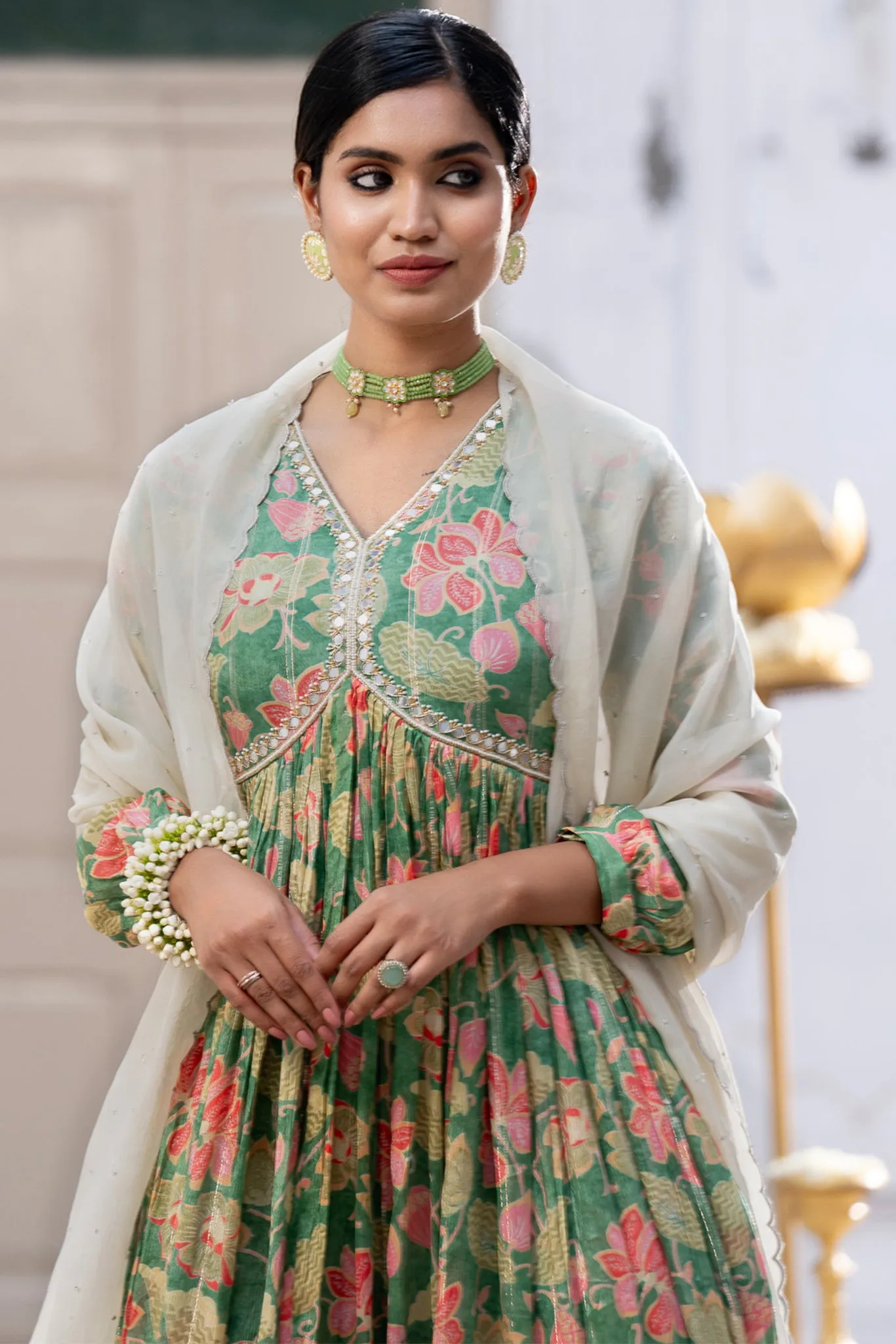 Green Suit Set with Organza Dupatta