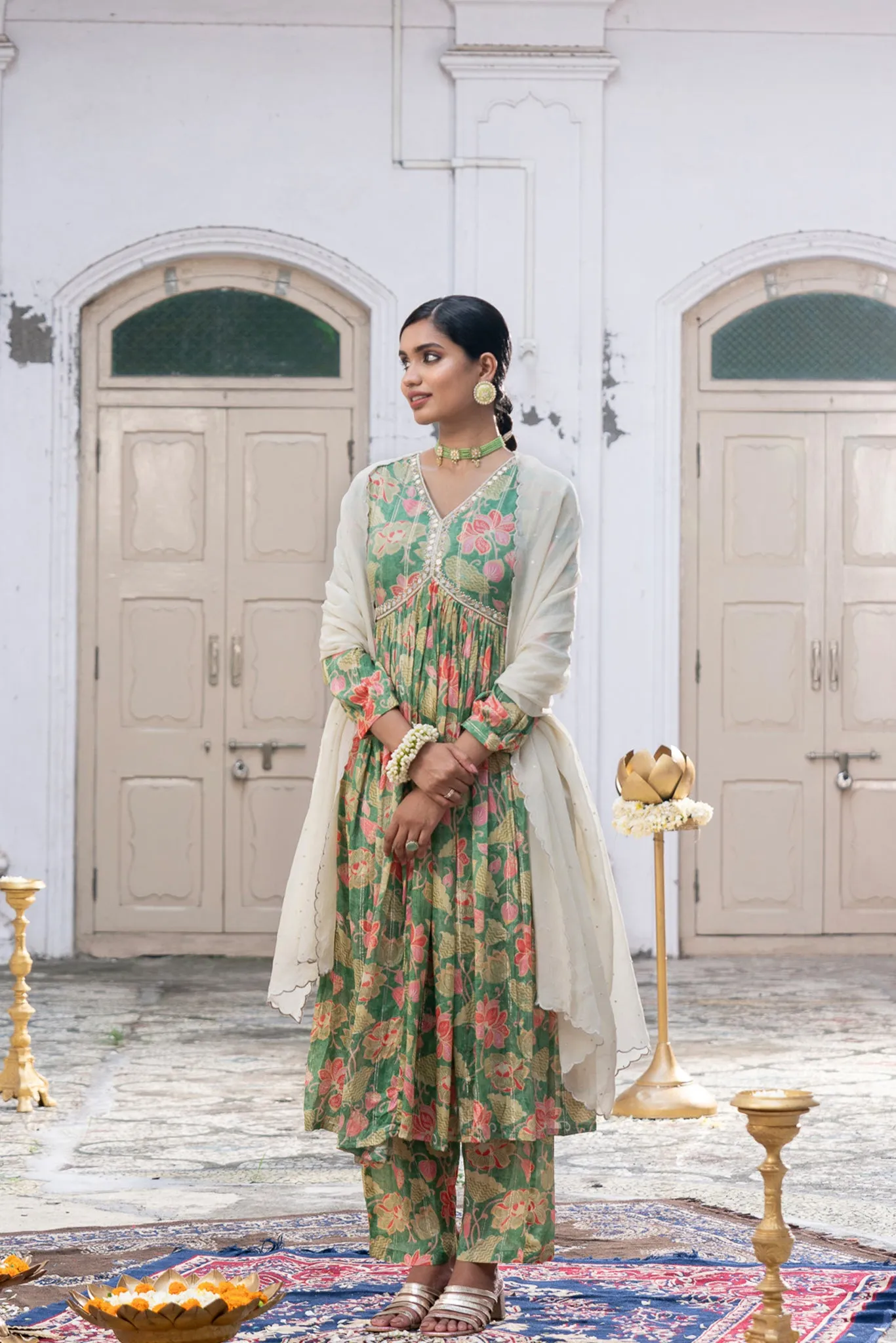 Green Suit Set with Organza Dupatta