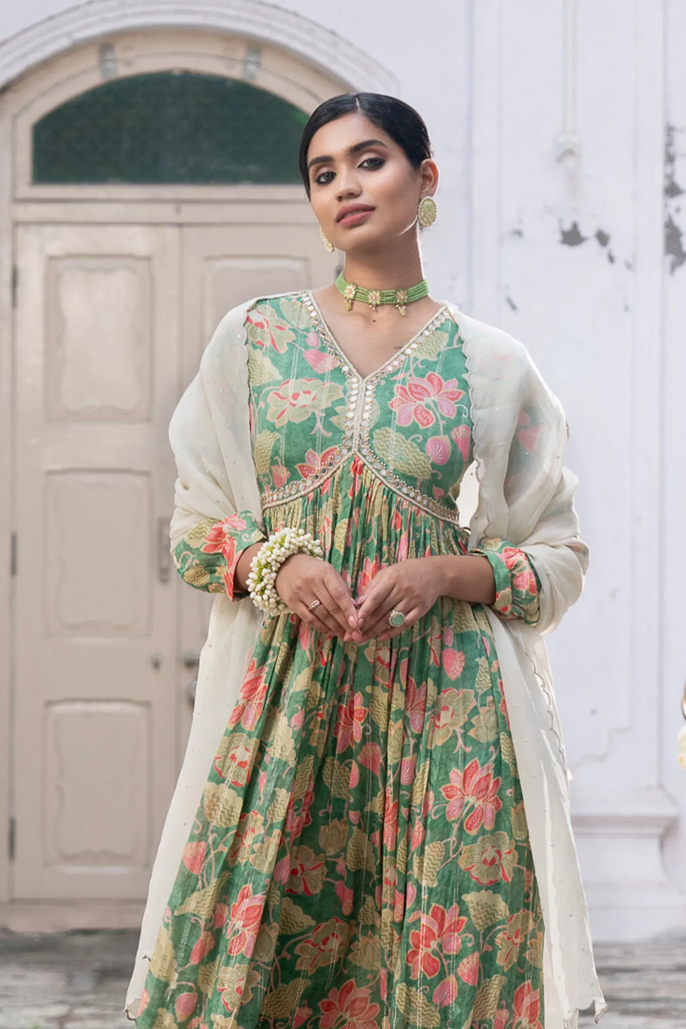 Green Suit Set with Organza Dupatta