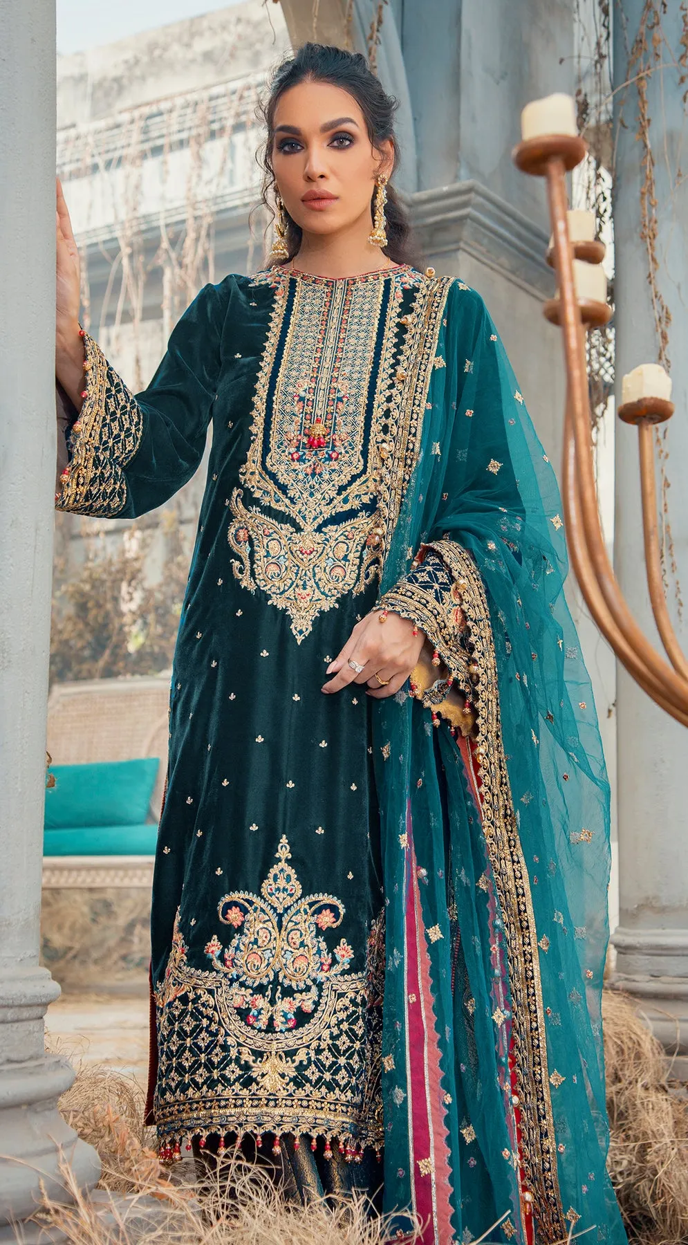 Green Velvet Salwar Kameez Pakistani Party Dress #PN564