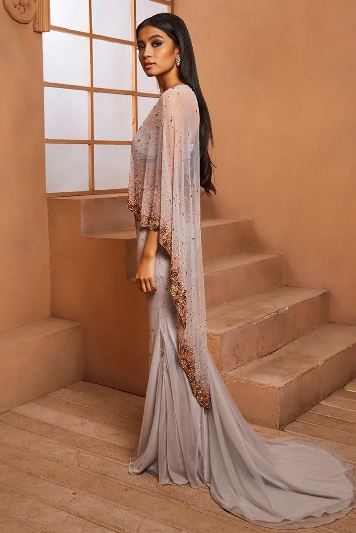 GREY EMBELLISHED CAPE STYLE GOWN