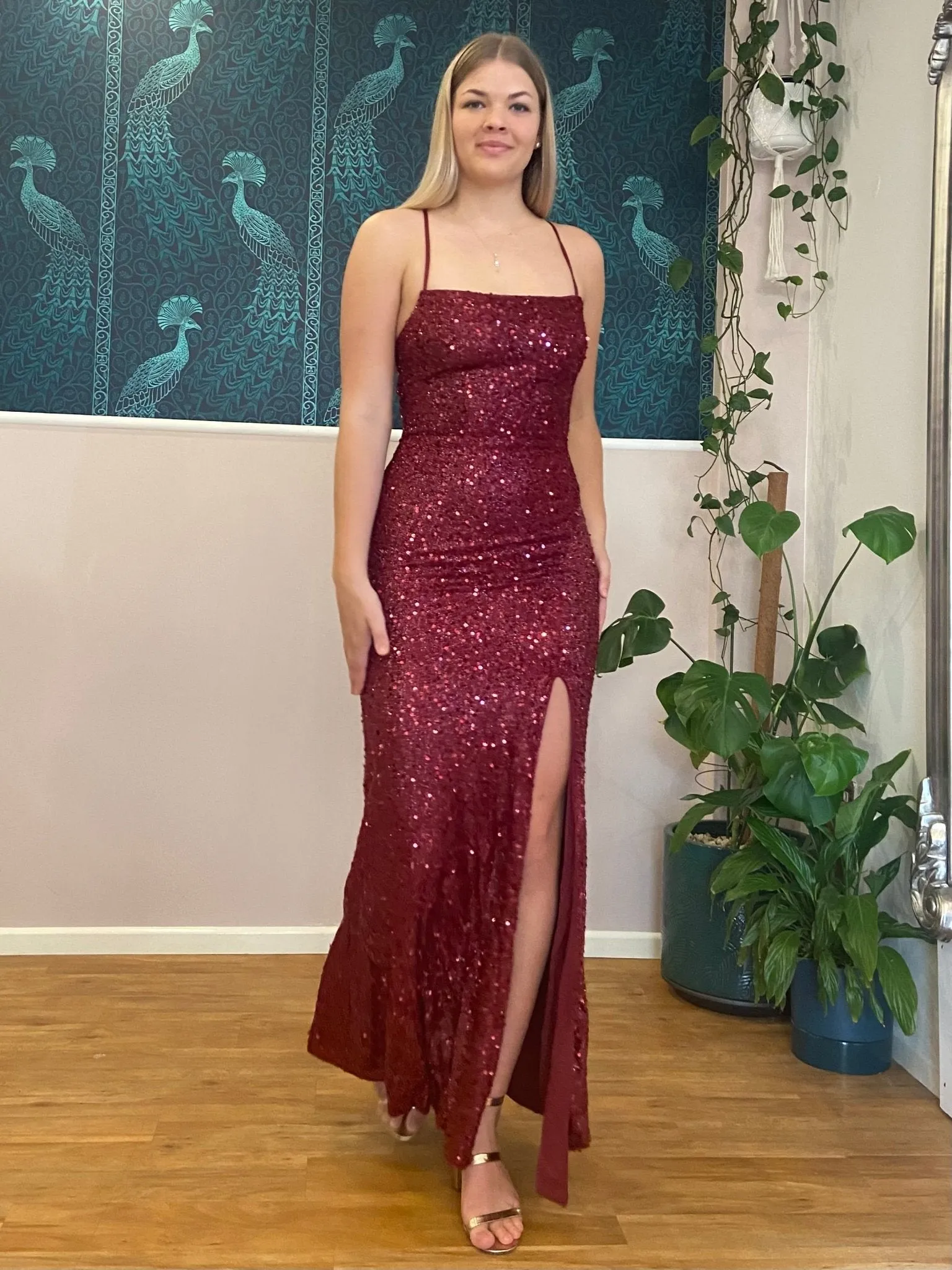 Gwen sequin sparkling lace up dress with split in Burgundy Express NZ wide