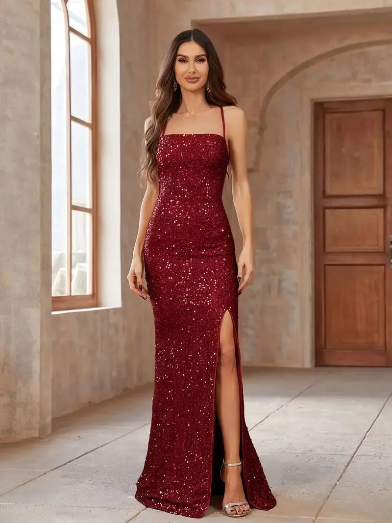 Gwen sequin sparkling lace up dress with split in Burgundy Express NZ wide