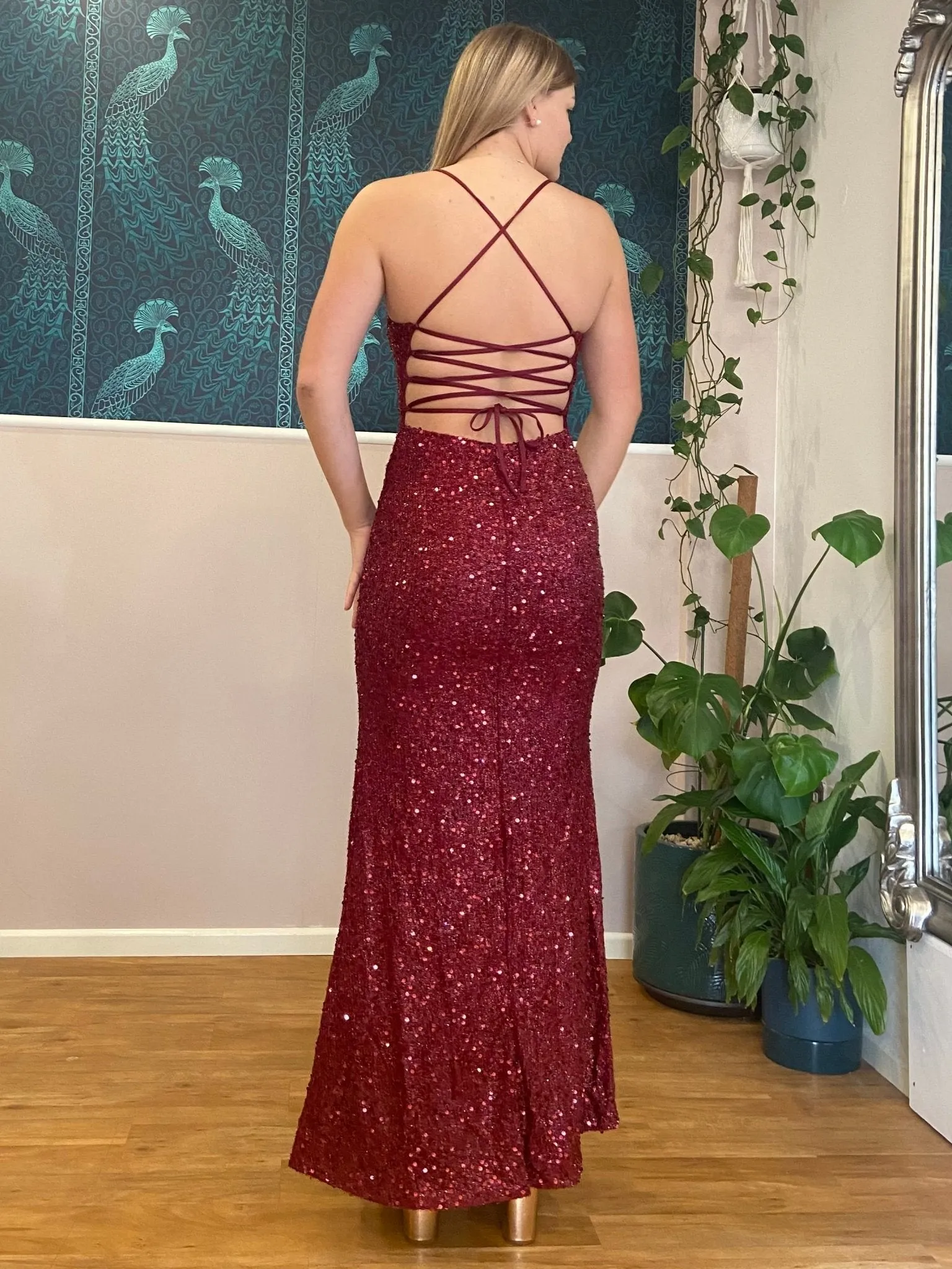 Gwen sequin sparkling lace up dress with split in Burgundy Express NZ wide