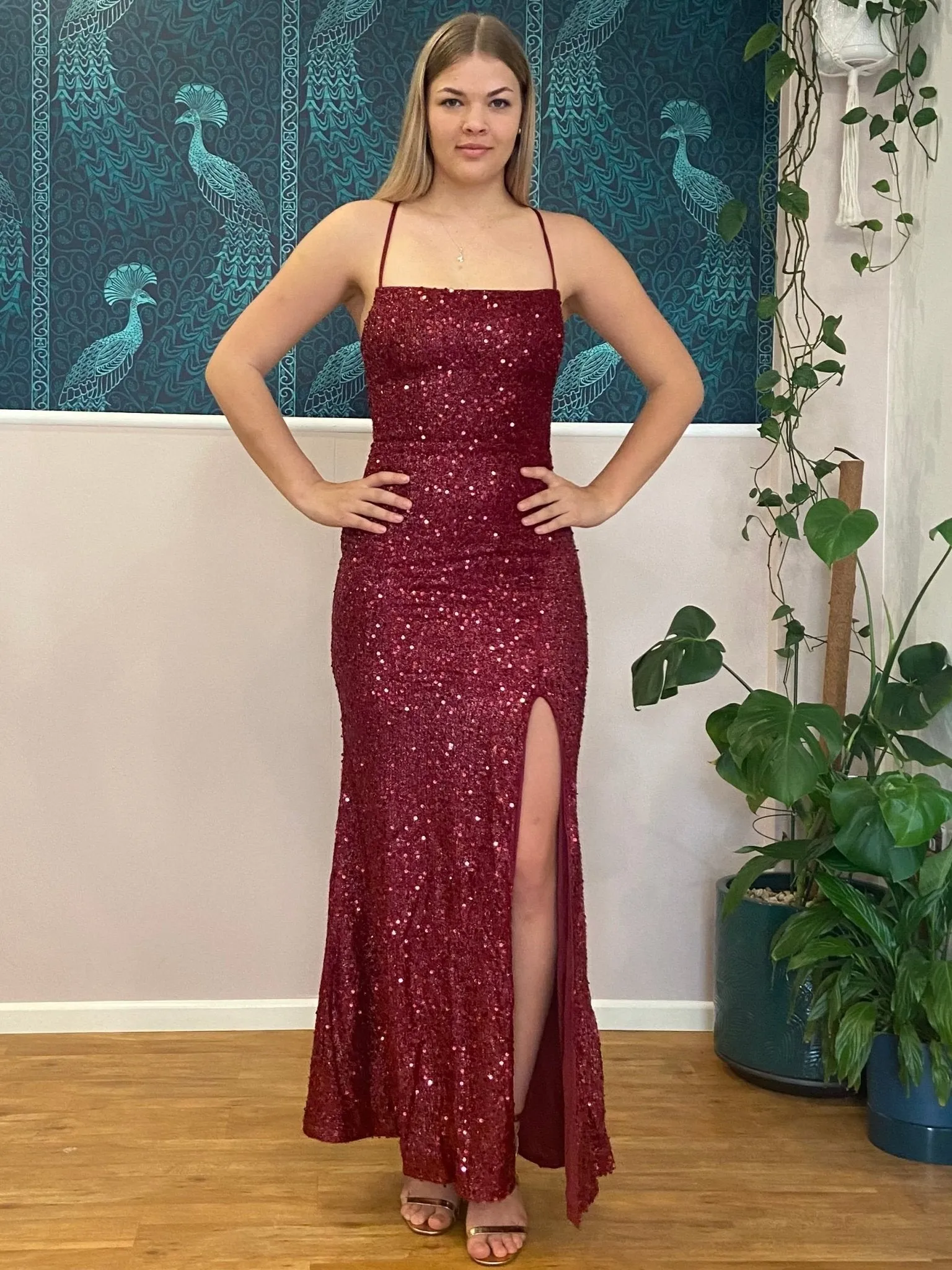 Gwen sequin sparkling lace up dress with split in Burgundy Express NZ wide