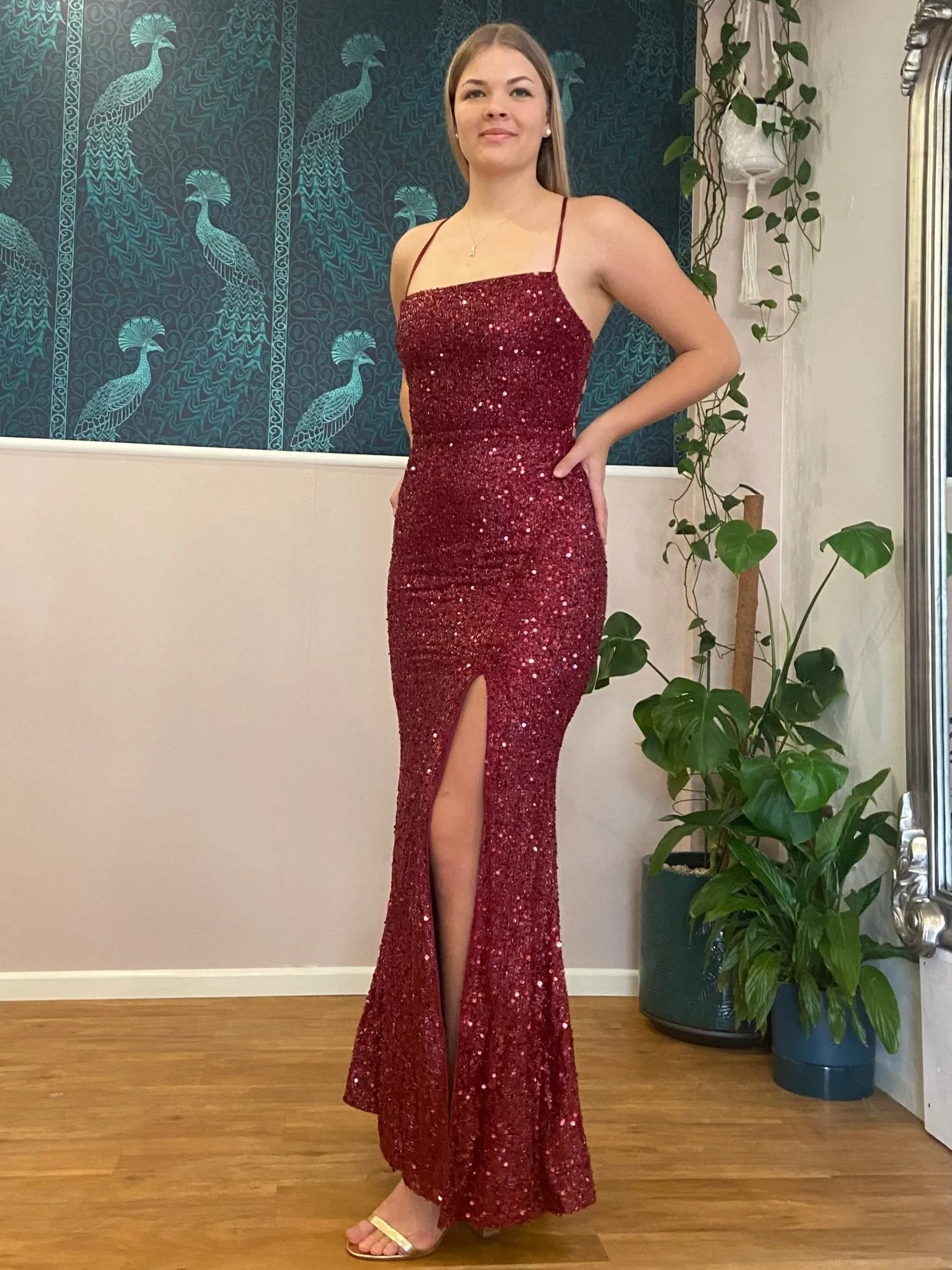 Gwen sequin sparkling lace up dress with split in Burgundy Express NZ wide