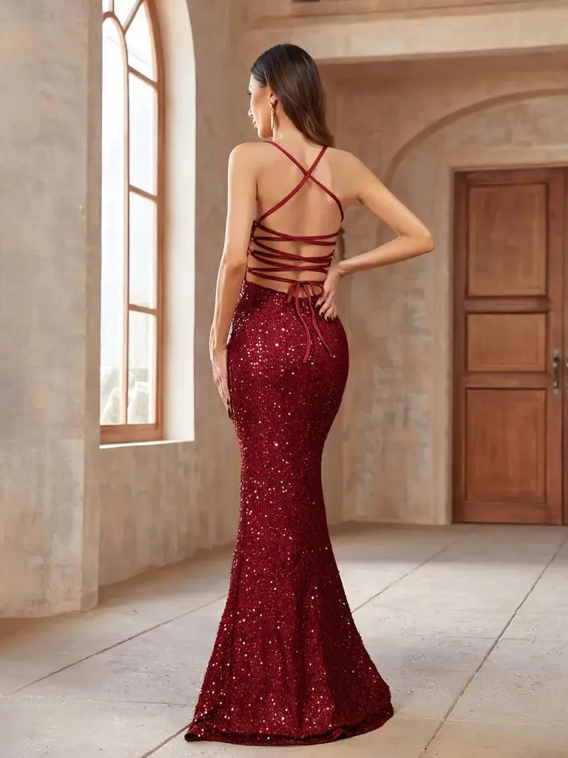 Gwen sequin sparkling lace up dress with split in Burgundy Express NZ wide