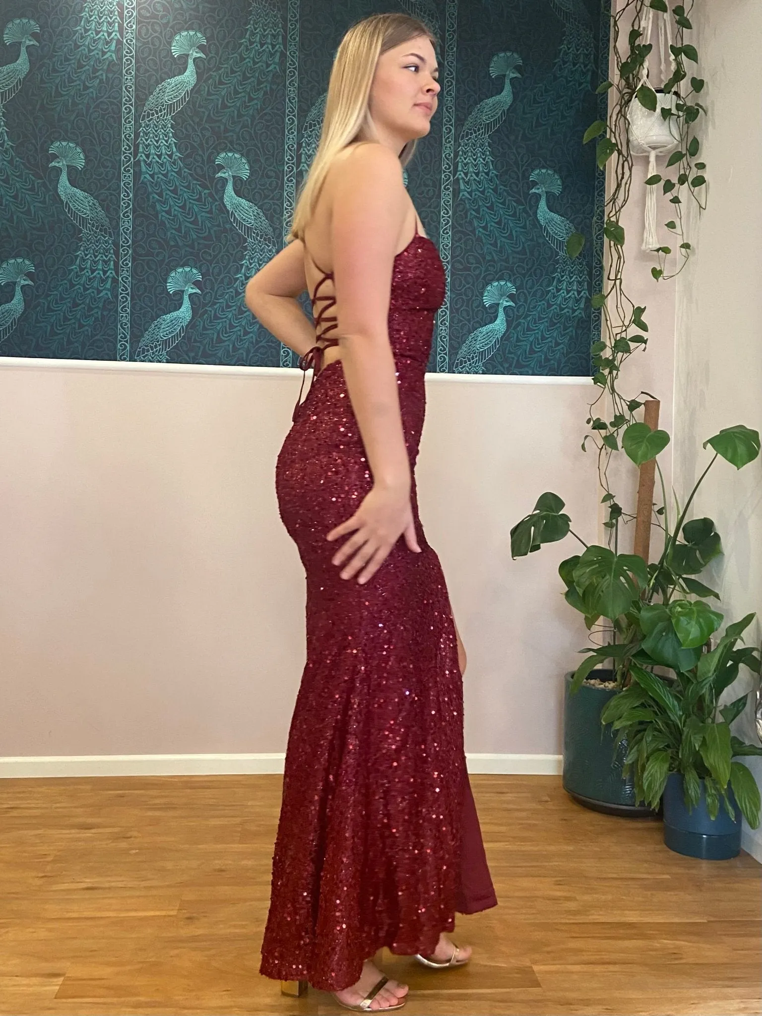 Gwen sequin sparkling lace up dress with split in Burgundy Express NZ wide