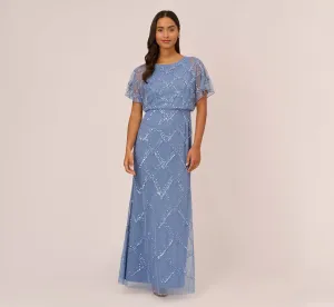 Hand-Beaded Blouson Long Gown With Flutter Sleeves In French Blue