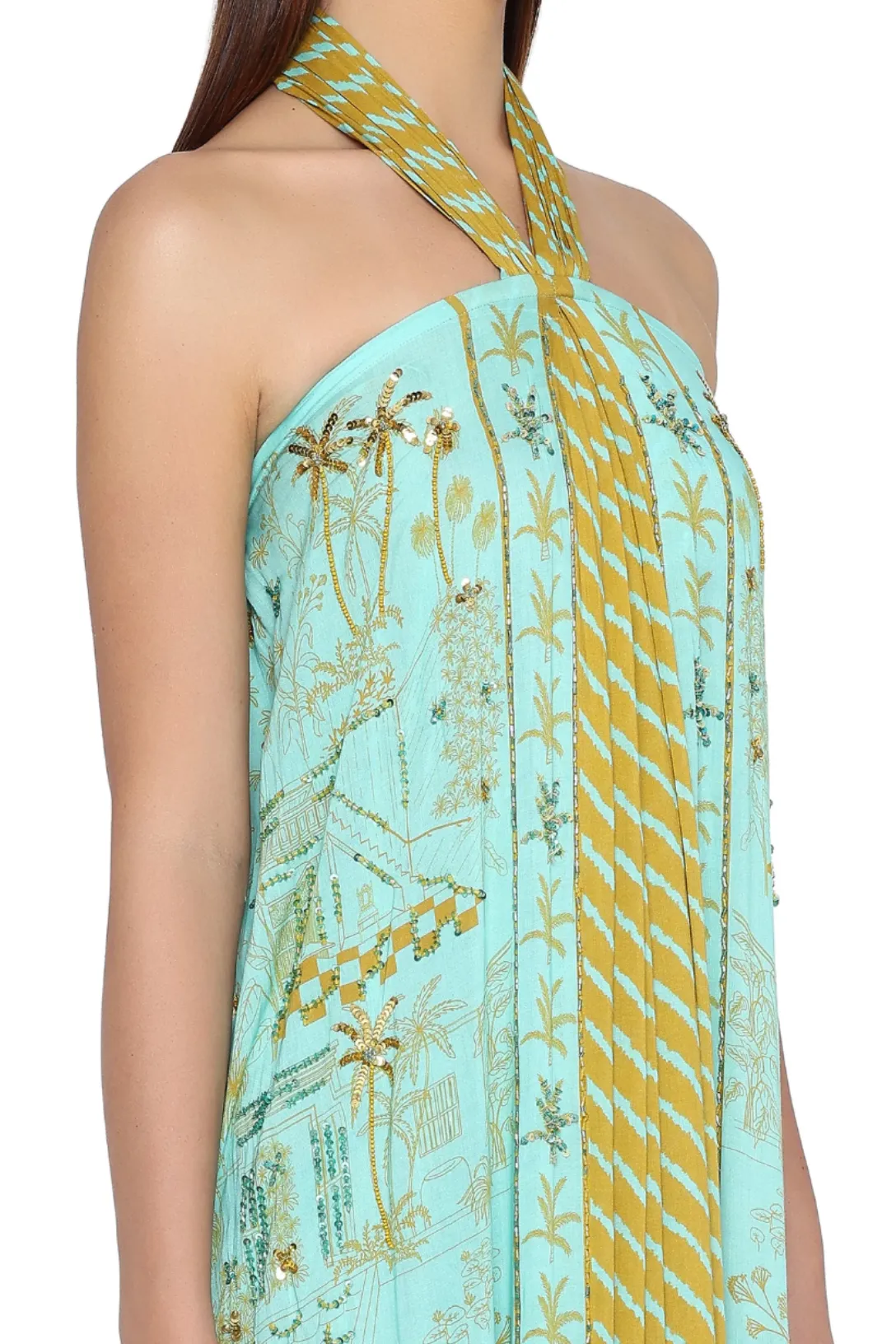 Hand Beaded Safari Halter Gown | Mustard and Aqua Lanka Panel