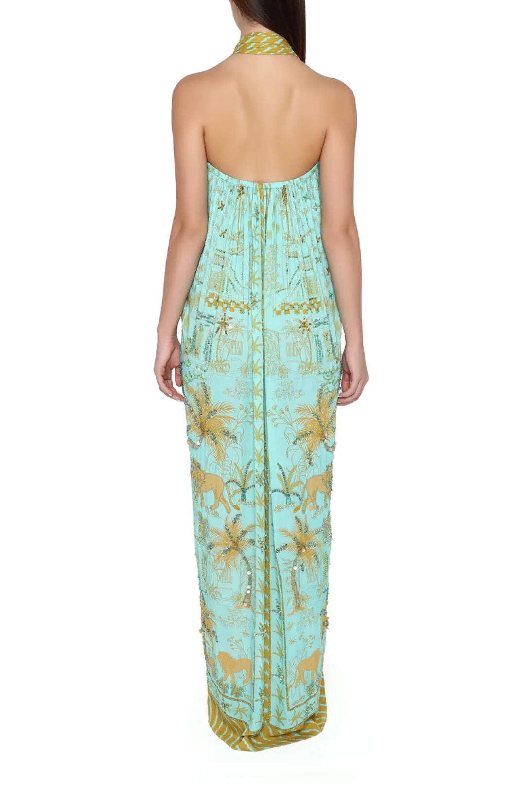 Hand Beaded Safari Halter Gown | Mustard and Aqua Lanka Panel