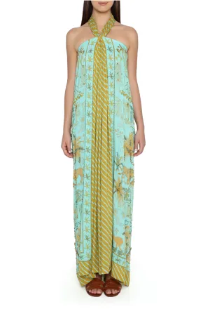 Hand Beaded Safari Halter Gown | Mustard and Aqua Lanka Panel