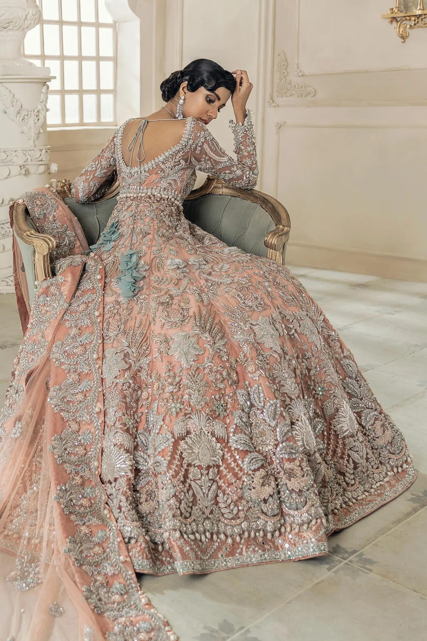Heavily Embellished Baby Pink Lehenga Gown for Bridal Wear