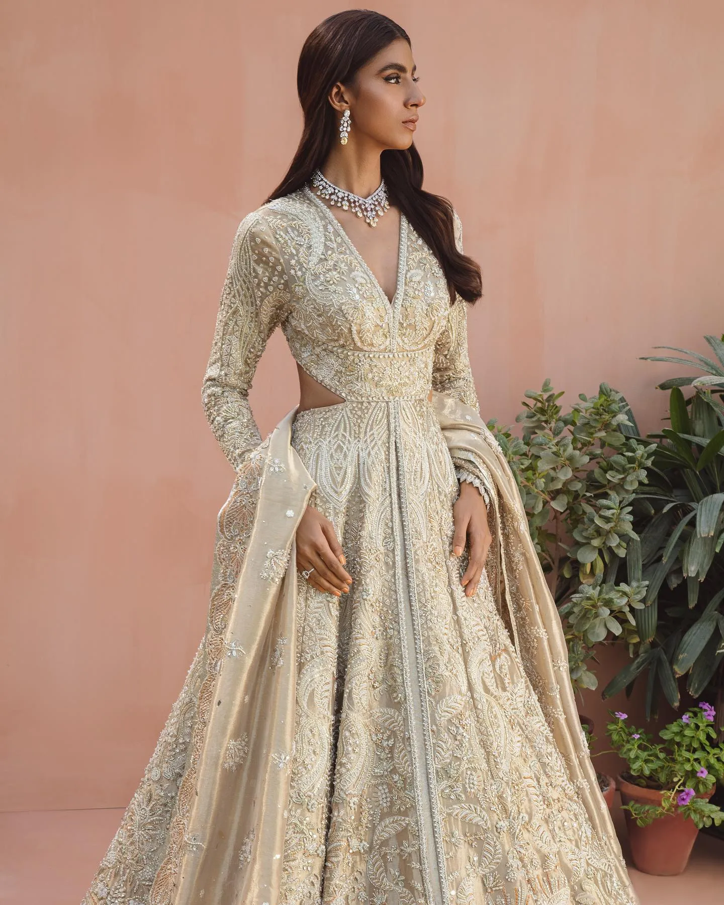 Heavy Indian Ivory Gold Lehenga for Bridal Wear #BN1211