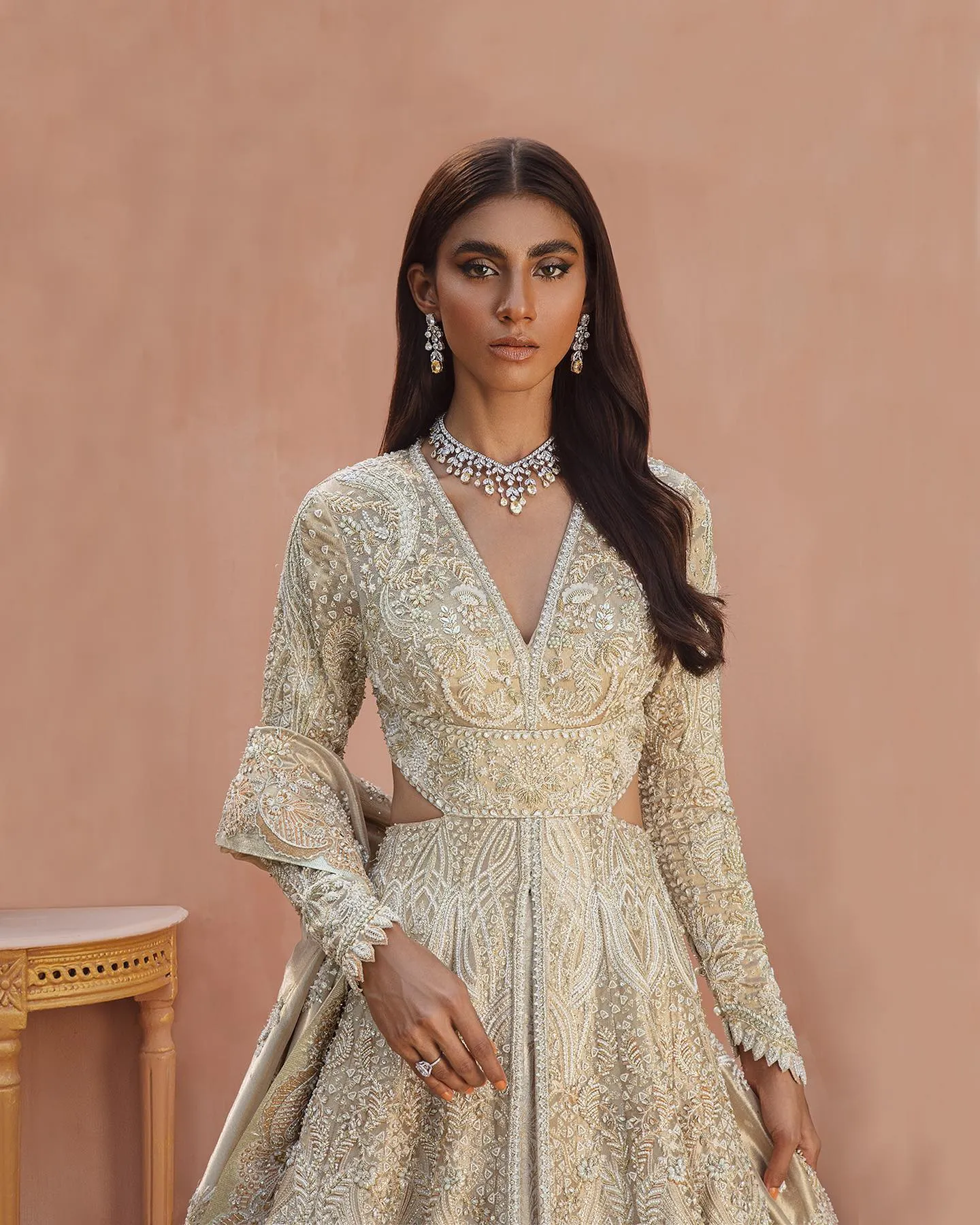 Heavy Indian Ivory Gold Lehenga for Bridal Wear #BN1211