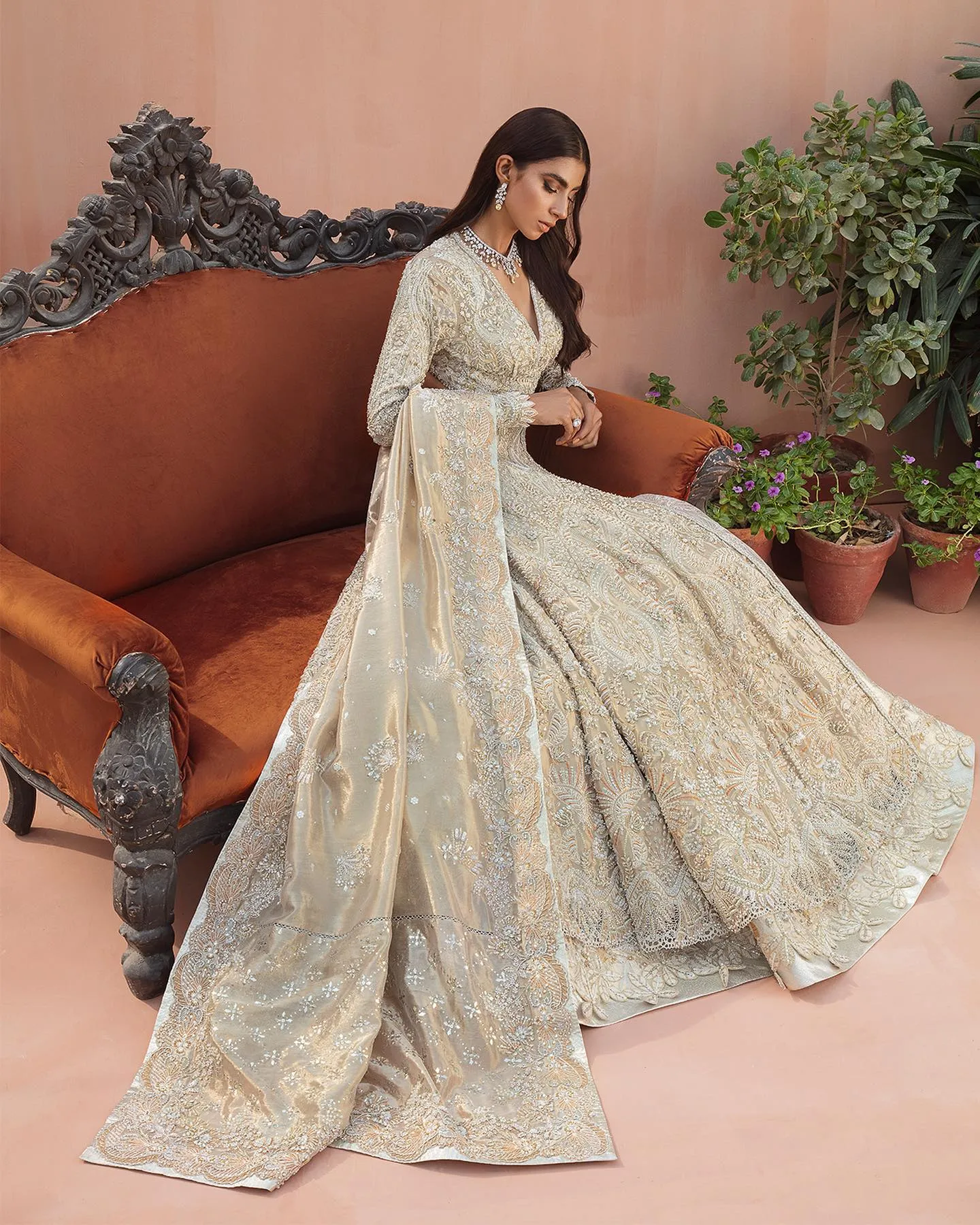 Heavy Indian Ivory Gold Lehenga for Bridal Wear #BN1211