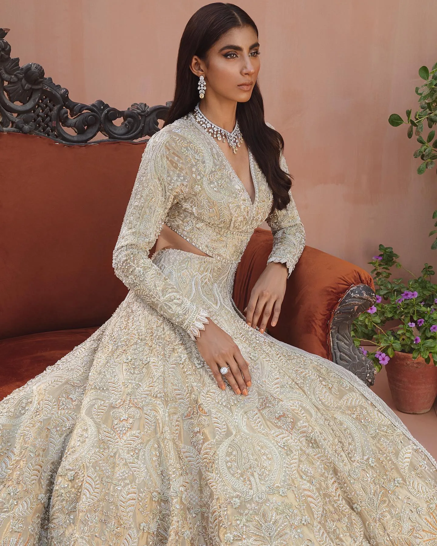 Heavy Indian Ivory Gold Lehenga for Bridal Wear #BN1211