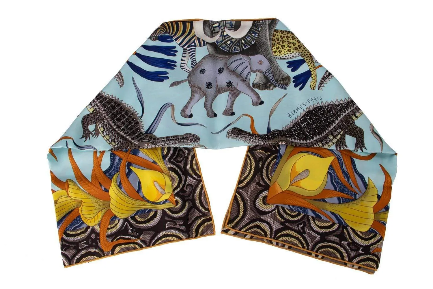 Hermes La Marche du Zambeze Scarf, Light Blue, Black & Yellow, 90cm X 90cm, with Box