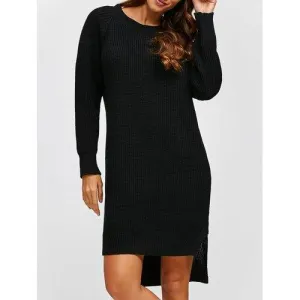 High Low Long Sleeve Sweater Dress - Black One Size