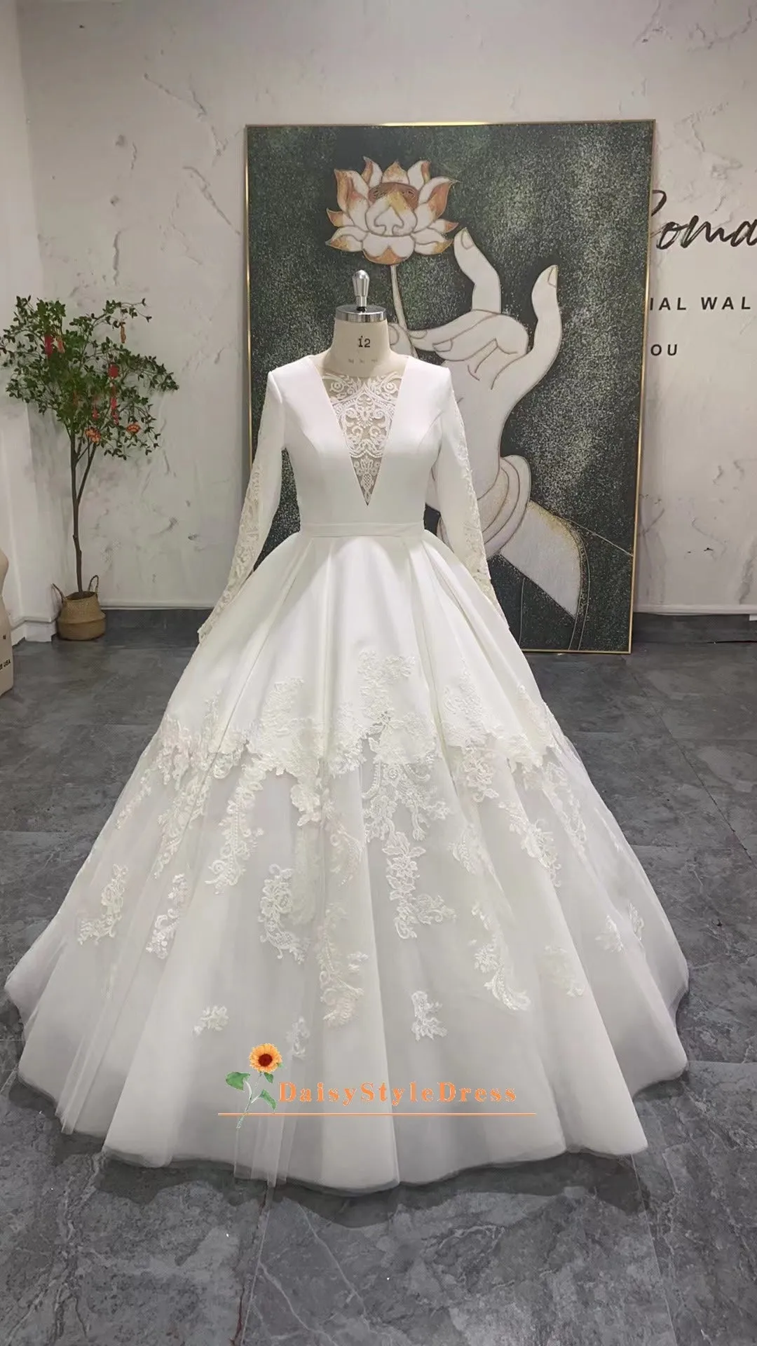 High Quality Soft Satin Modest Long Sleeve Wedding Dress