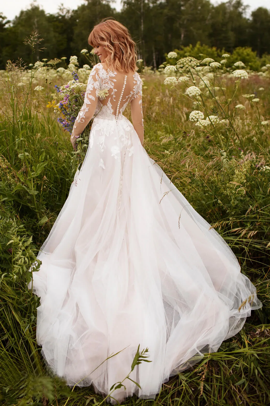 Illusion Sleeve Tulle Adorable Wedding Dress With Lace Details And Illusion Button Back-715873