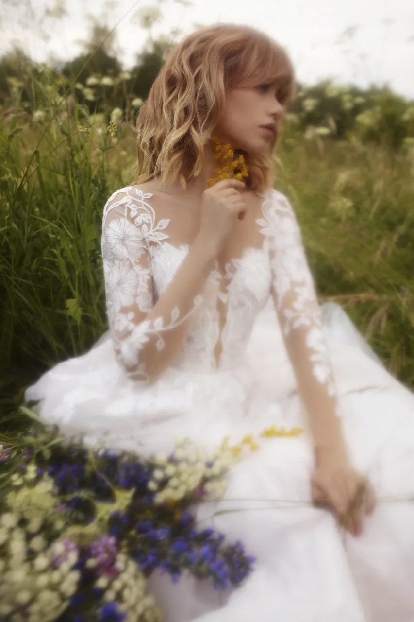 Illusion Sleeve Tulle Adorable Wedding Dress With Lace Details And Illusion Button Back-715873