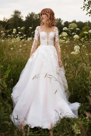 Illusion Sleeve Tulle Adorable Wedding Dress With Lace Details And Illusion Button Back-715873