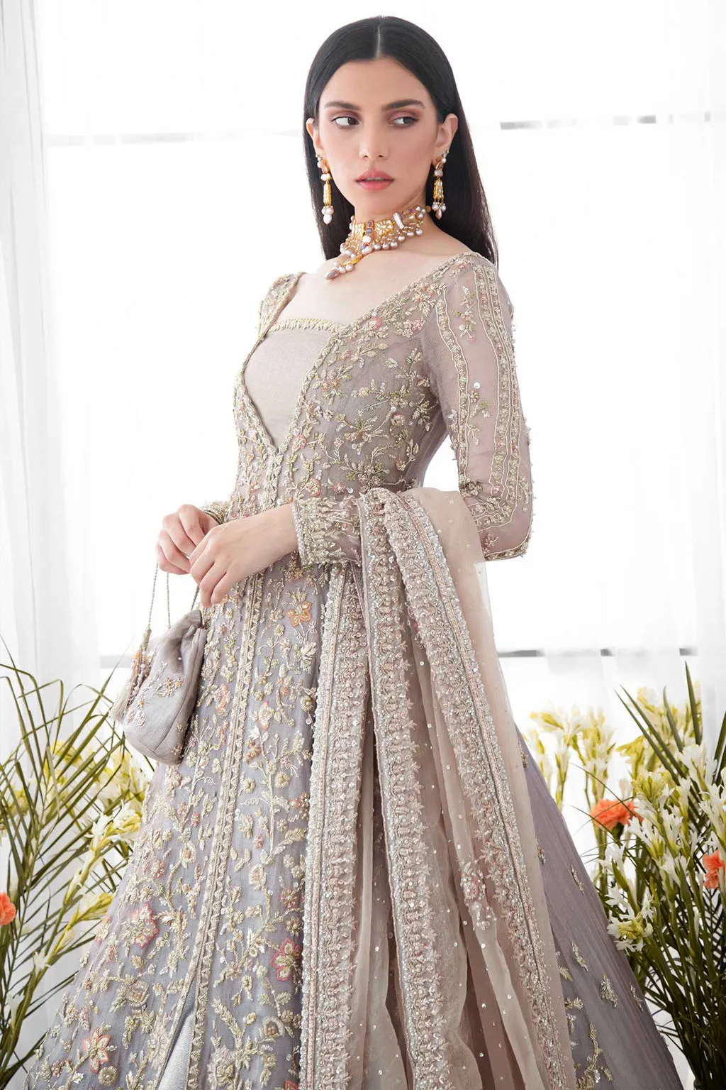 Indian Grey Gown Lehenga Chunni Bridal Dress #BN1219