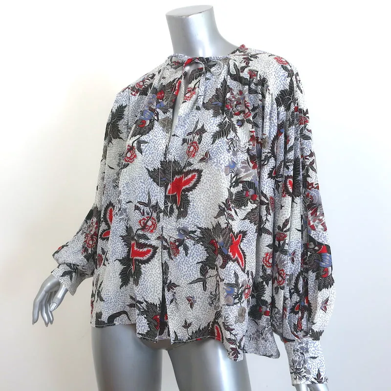 Isabel Marant Tie-Neck Top Floral Print Stretch Silk Size 40 Long Sleeve Blouse
