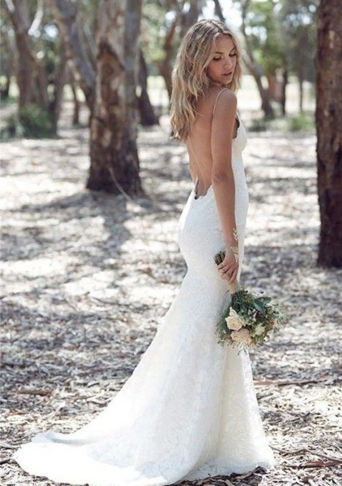 Ivory Lace Sweep Train Straps Mermaid Backless Wedding Bridal Dress