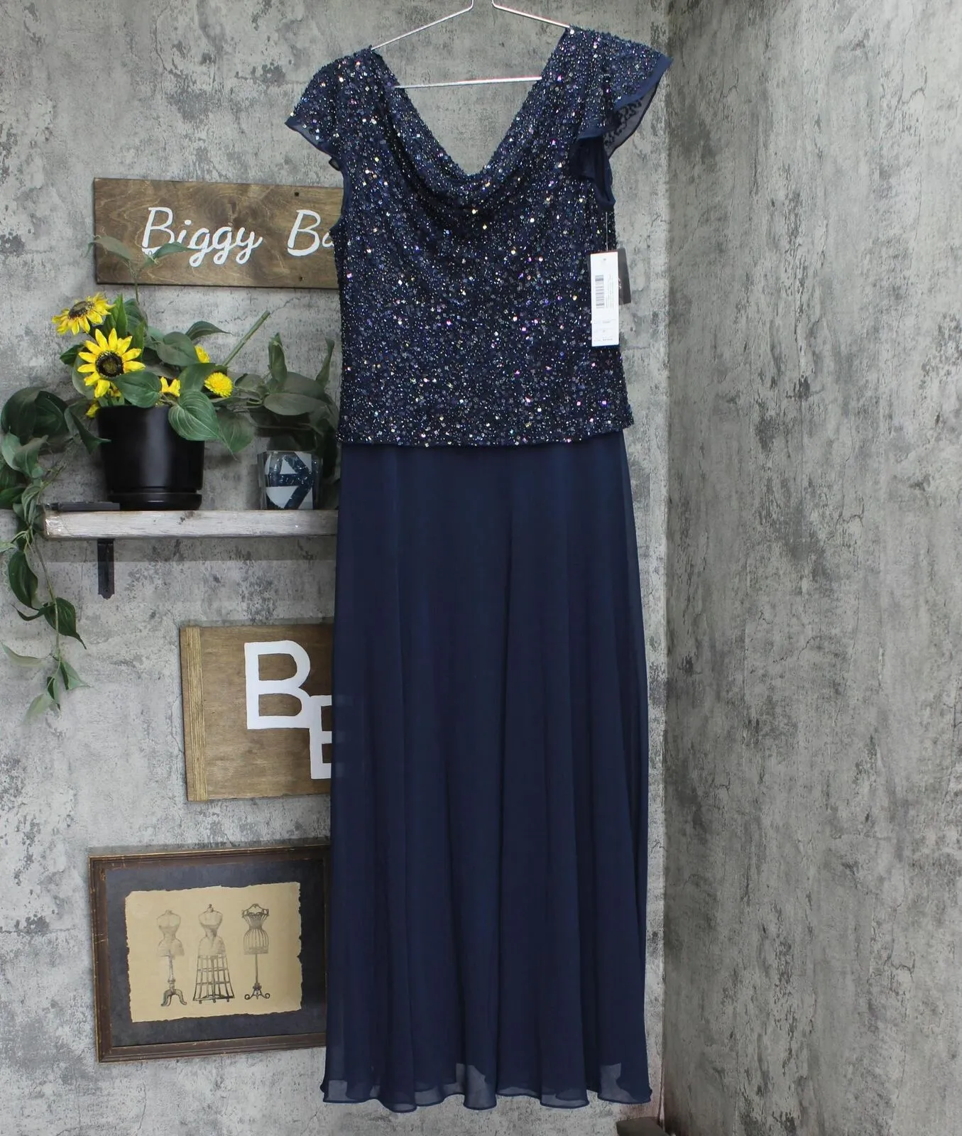 J Kara Women Petite Long Beaded Cowl Neck Flutter Sleeve Gown Dress Navy Blue 6P