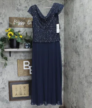J Kara Women Petite Long Beaded Cowl Neck Flutter Sleeve Gown Dress Navy Blue 6P