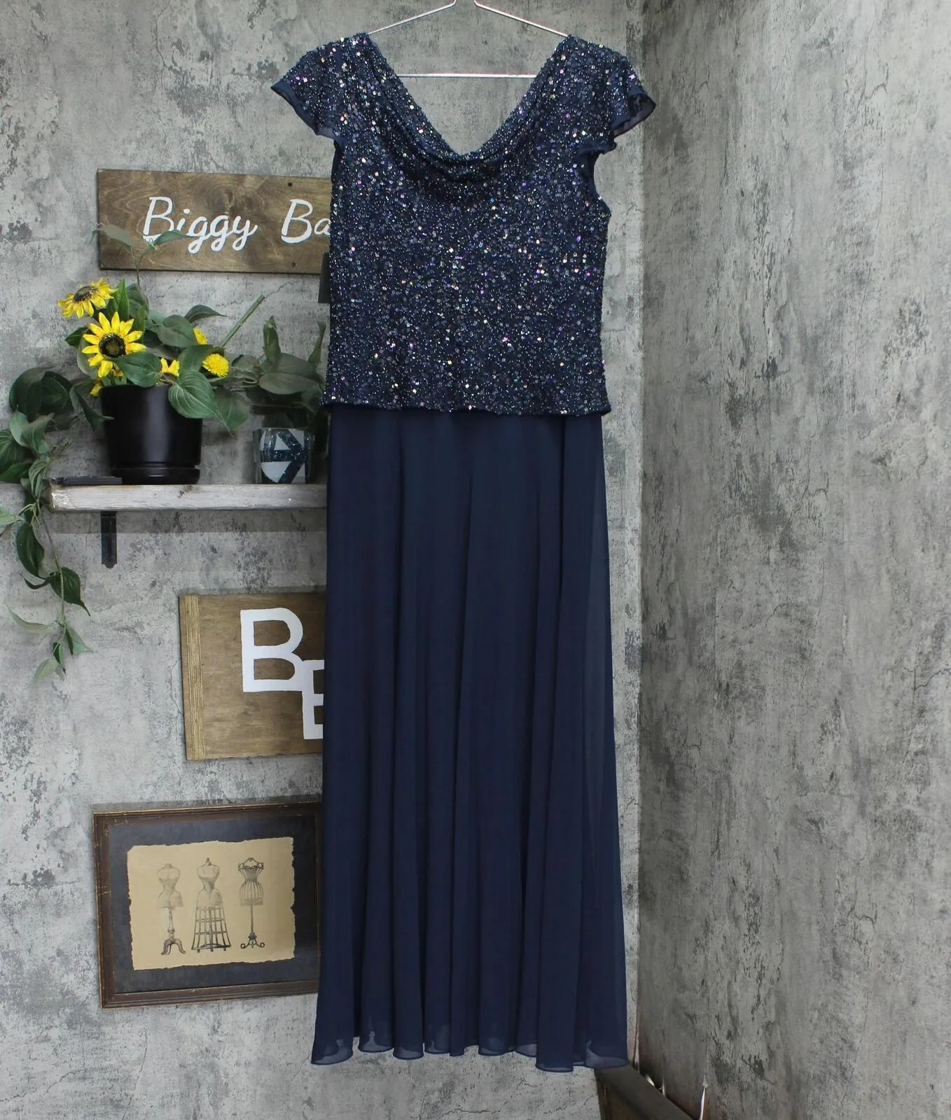 J Kara Women Petite Long Beaded Cowl Neck Flutter Sleeve Gown Dress Navy Blue 6P