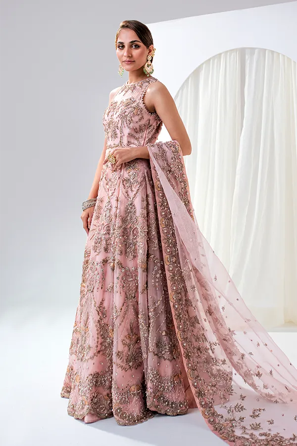 Jamawar Pink Lehenga with Organza Gown and Embellished Dupatta Pakistani Bridal Dress