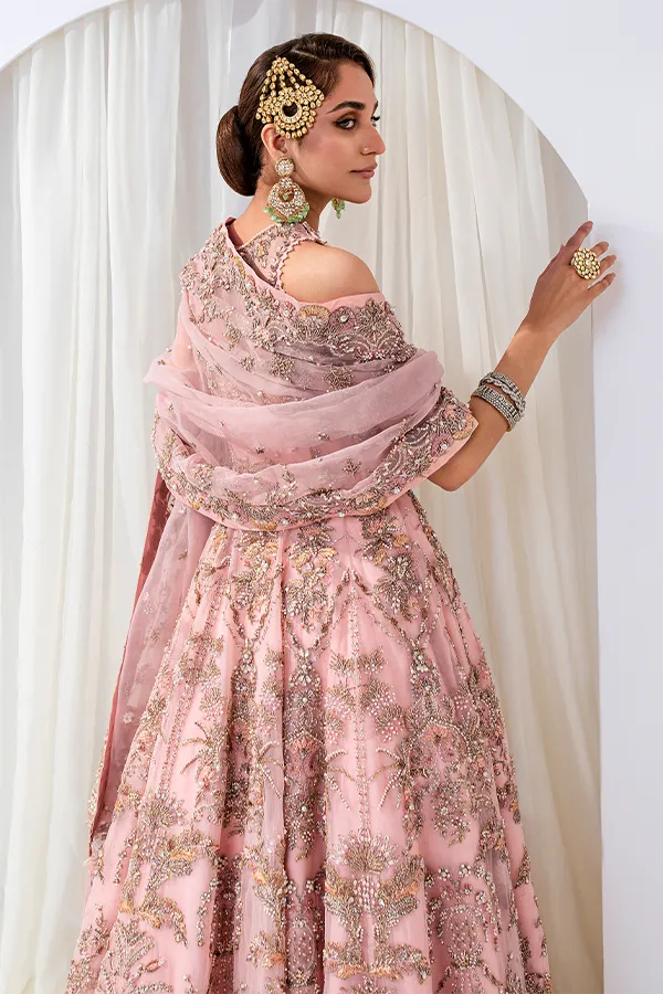 Jamawar Pink Lehenga with Organza Gown and Embellished Dupatta Pakistani Bridal Dress