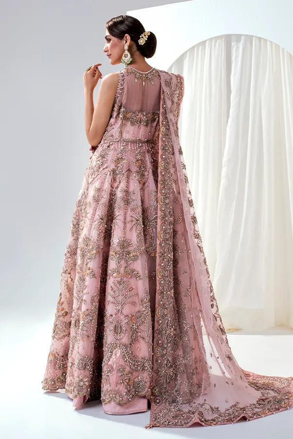 Jamawar Pink Lehenga with Organza Gown and Embellished Dupatta Pakistani Bridal Dress