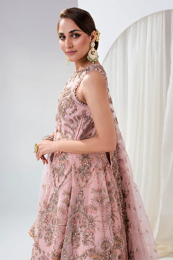 Jamawar Pink Lehenga with Organza Gown and Embellished Dupatta Pakistani Bridal Dress