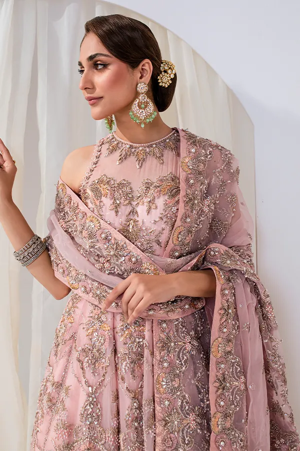 Jamawar Pink Lehenga with Organza Gown and Embellished Dupatta Pakistani Bridal Dress
