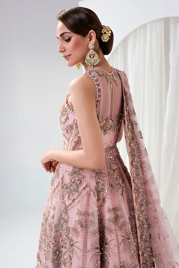 Jamawar Pink Lehenga with Organza Gown and Embellished Dupatta Pakistani Bridal Dress