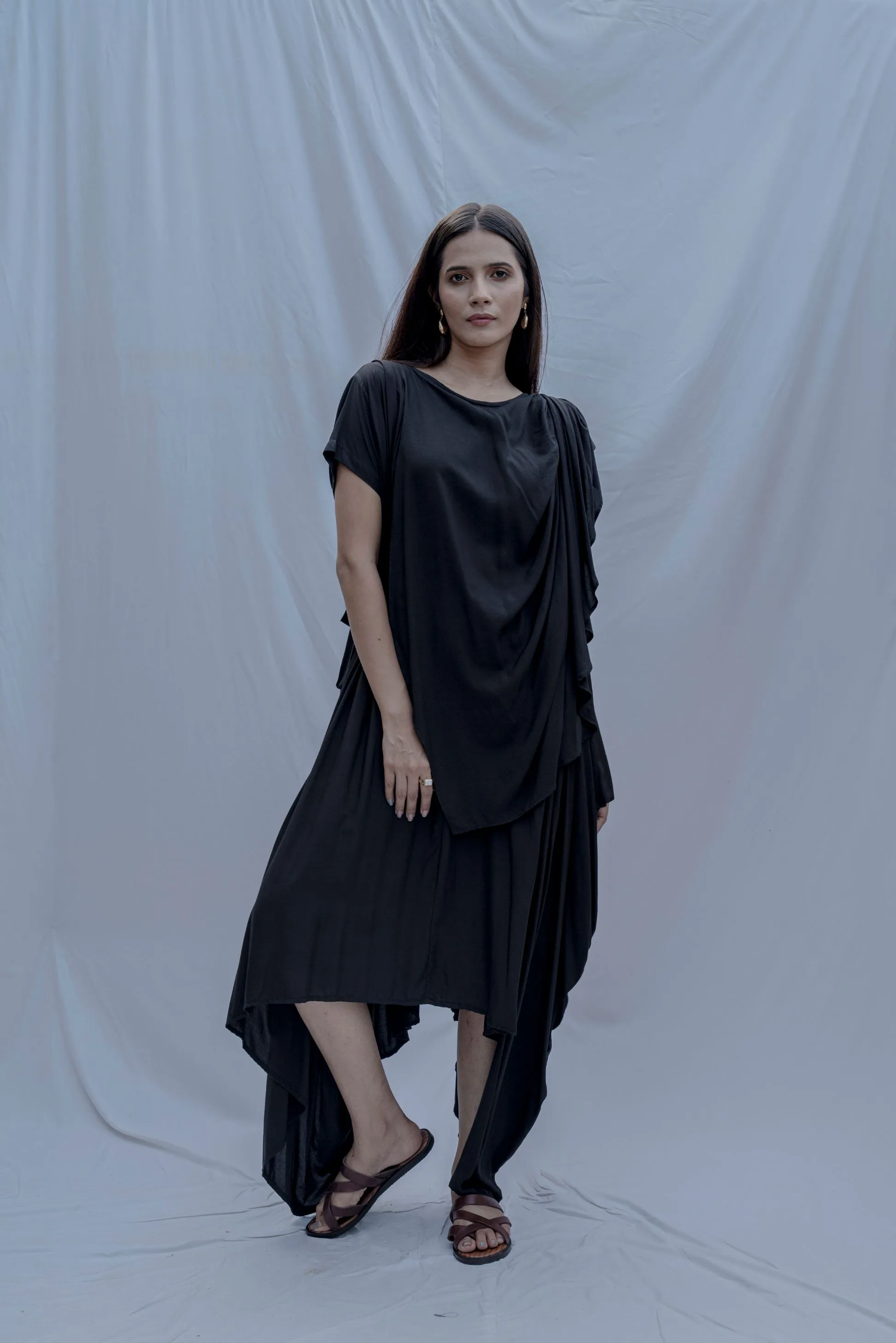Jess- Black Overlap Asymmetric Draped Dress